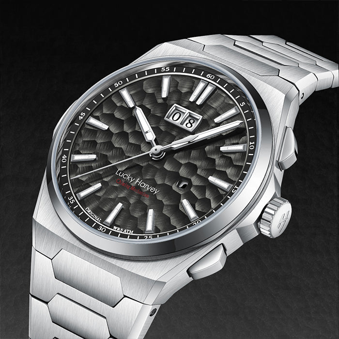 Lucky Harvey ZLS402-2 black hammer chiming watch three-quarter studio shot on dark background
