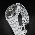 Lucky Harvey ZLS402-2 black hammer chiming watch with steel bracelet curving away on dark background
