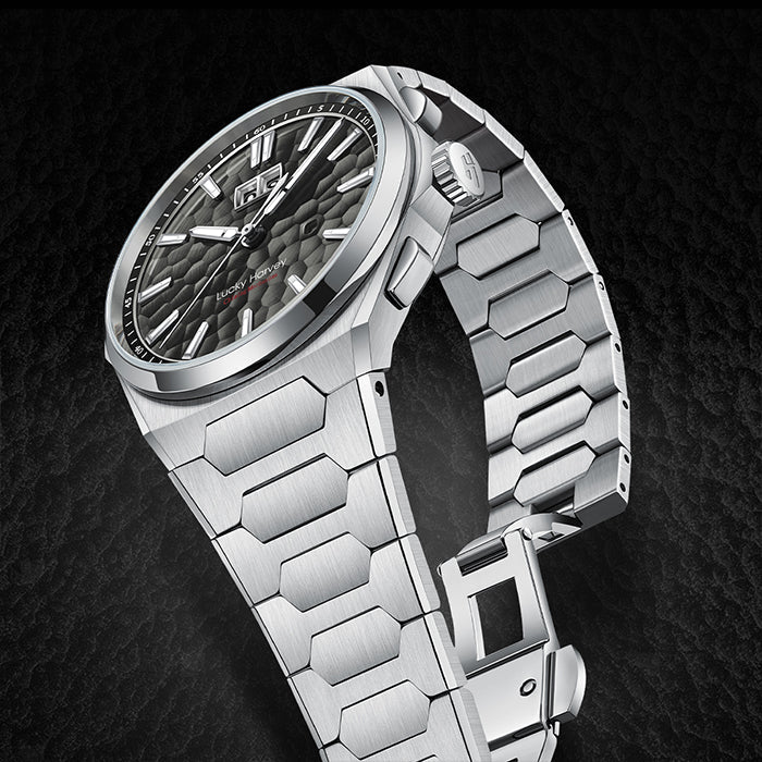 Lucky Harvey ZLS402-2 black hammer chiming watch with steel bracelet curving away on dark background