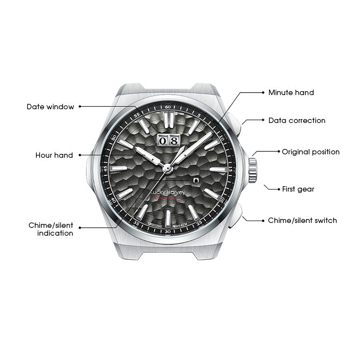 Lucky Harvey ZLS402-2 chiming watch diagram with labeled date window, hands, crown and chime switch