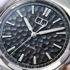 Lucky Harvey ZLS402-2 black hammer-textured dial close-up with big date and Chiming Mechanism text
