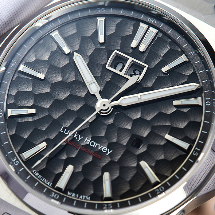 Lucky Harvey ZLS402-2 black hammer-textured dial close-up with big date and Chiming Mechanism text