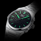 Lucky Harvey ZLS402-2 black hammer chiming watch glowing green lume in the dark