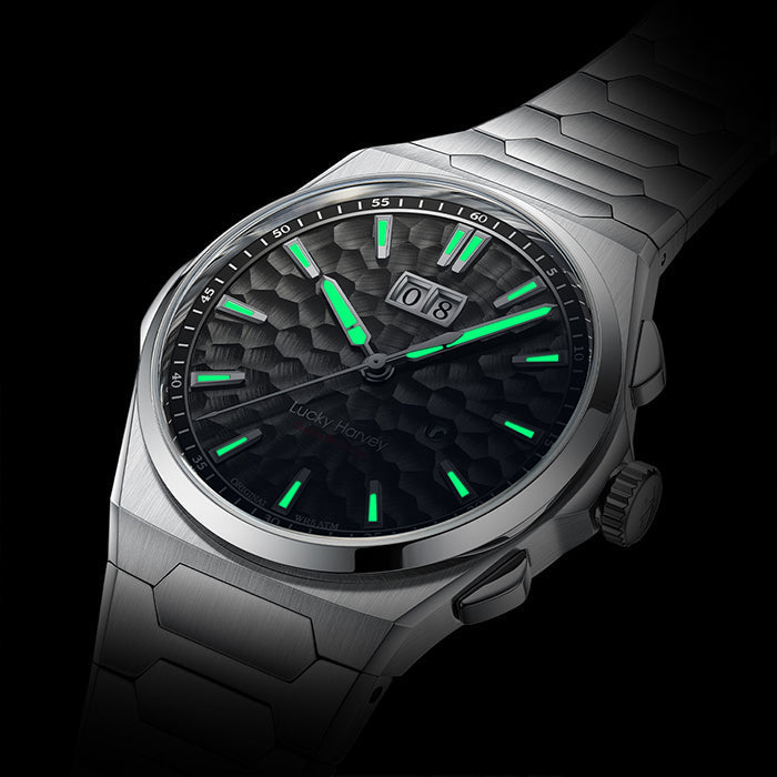 Lucky Harvey ZLS402-2 black hammer chiming watch glowing green lume in the dark