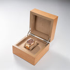 Lucky Harvey ZLS402-3 rose gold watch displayed in open wooden box