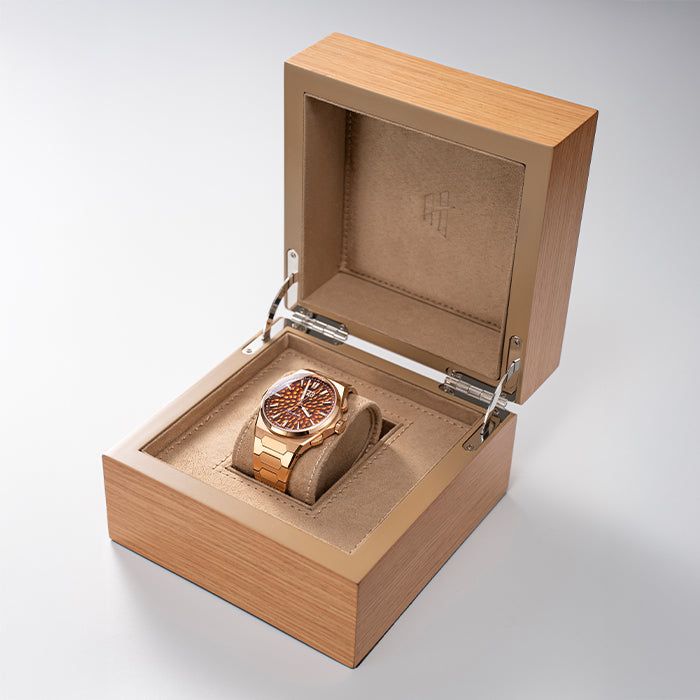 Lucky Harvey ZLS402-3 rose gold watch presented in open wooden gift box