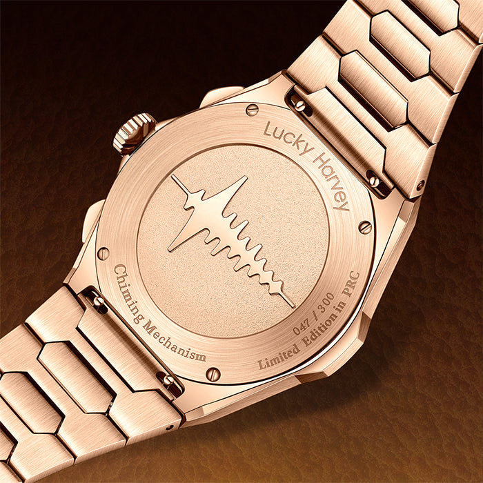 Lucky Harvey ZLS402-3 rose gold caseback engraved with chiming sound wave and limited edition number