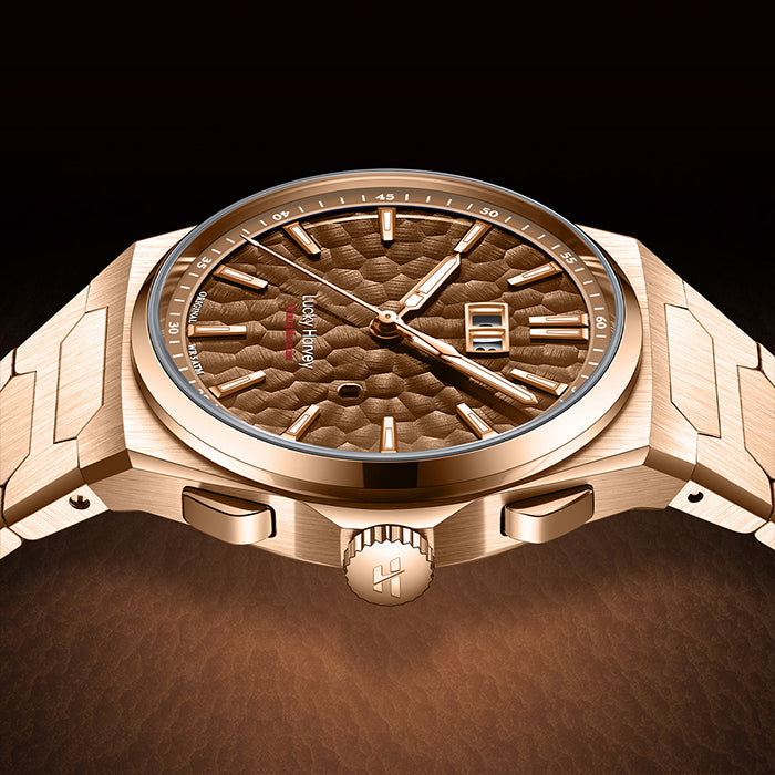 Lucky Harvey ZLS402-3 close-up of rose gold crown and chiming pushers