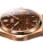 Lucky Harvey ZLS402-3 close-up of hammer-textured brown dial with rose gold indices