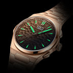 Lucky Harvey ZLS402-3 rose gold watch with green lume glowing in the dark