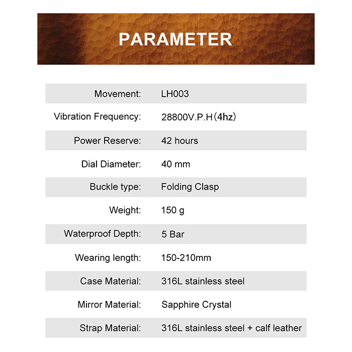 Lucky Harvey ZLS402-3 parameter table with movement size weight and waterproof specs