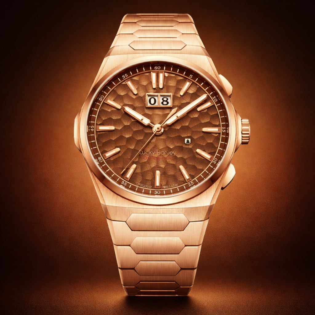 Lucky Harvey ZLS402-3 rose gold hammer chiming watch on dark moody backdrop