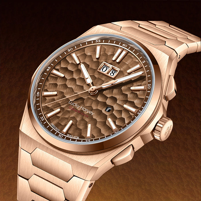 Lucky Harvey ZLS402-3 rose gold chiming watch shown in three-quarter angle on leather backdrop