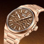 Lucky Harvey ZLS402-3 rose gold chiming watch shown in three-quarter angle on leather backdrop