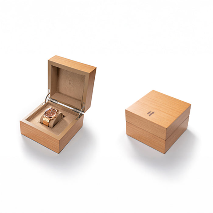 Lucky Harvey ZLS402-3 watch in open wooden presentation box next to closed box
