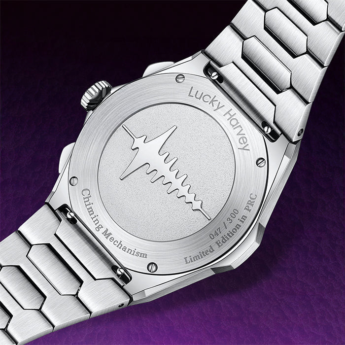 Lucky Harvey ZLS402-4 chiming watch caseback with engraved sound wave limited edition mark