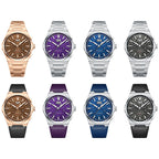 Lucky Harvey ZLS402 hammer chiming watch line shown in eight dial and strap colorways