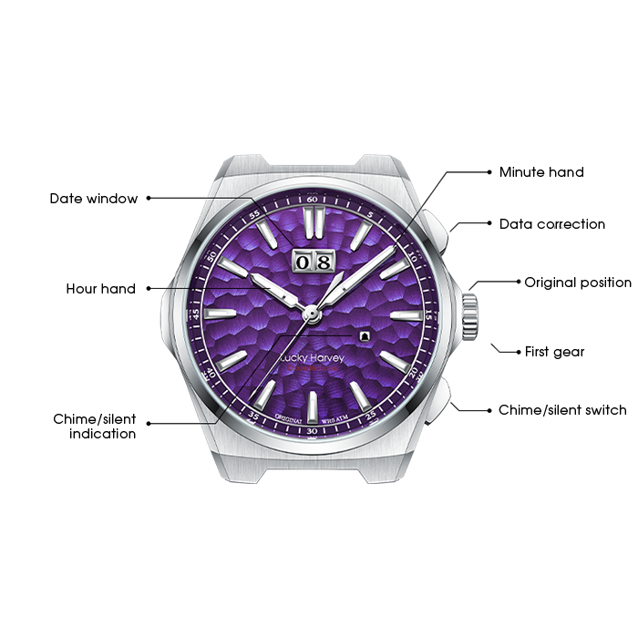 Lucky Harvey ZLS402-4 purple hammer chiming watch with annotated feature callouts diagram