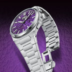 Lucky Harvey ZLS402-4 purple hammer chiming watch with steel folding clasp open
