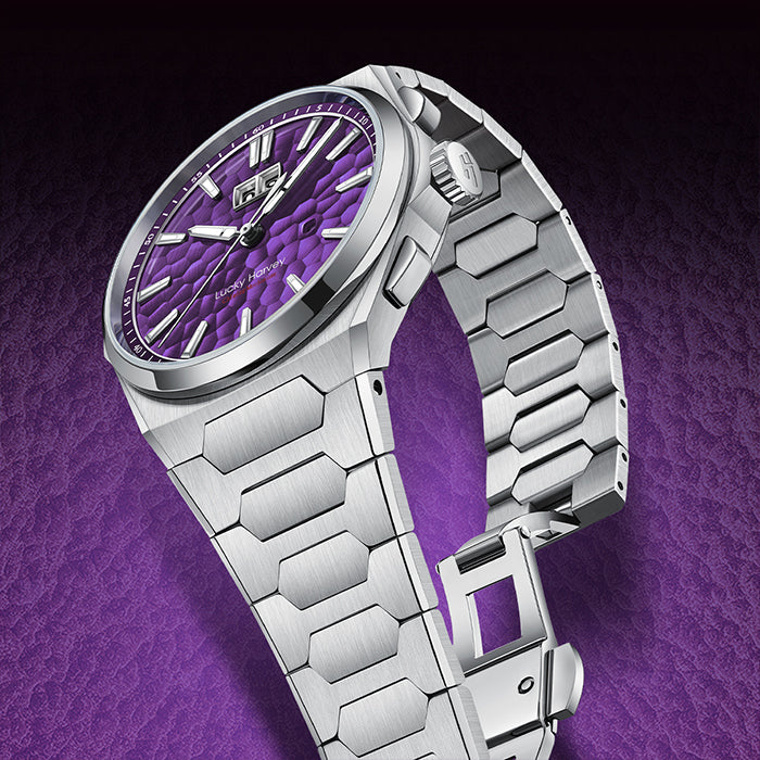 Lucky Harvey ZLS402-4 purple hammer chiming watch with steel folding clasp open