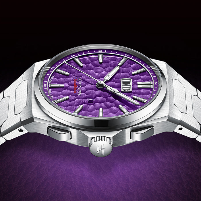 Lucky Harvey ZLS402-4 purple hammer chiming watch crown and chiming pusher close-up