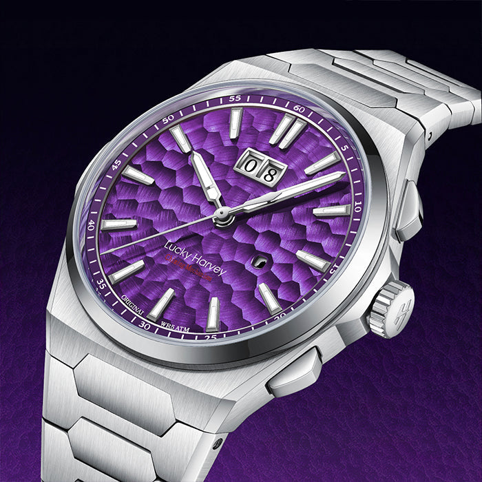 Lucky Harvey ZLS402-4 purple hammer chiming automatic watch dial close-up with big date