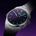 Lucky Harvey ZLS402-4 purple hammer chiming watch with glowing green lume markers in dark
