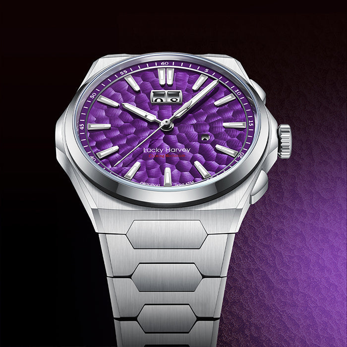 Lucky Harvey ZLS402-4 purple hammer chiming watch side three-quarter view with crown
