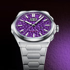 Lucky Harvey ZLS402-4 purple hammer chiming watch side three-quarter view with crown