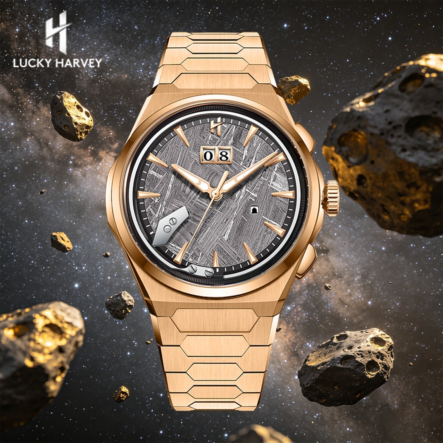 Lucky Harvey ZLS413-1 rose gold meteorite watch in cosmic asteroid lifestyle scene