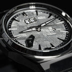 Lucky Harvey ZLS413-1 titanium watch angled dial detail with meteorite texture and big date
