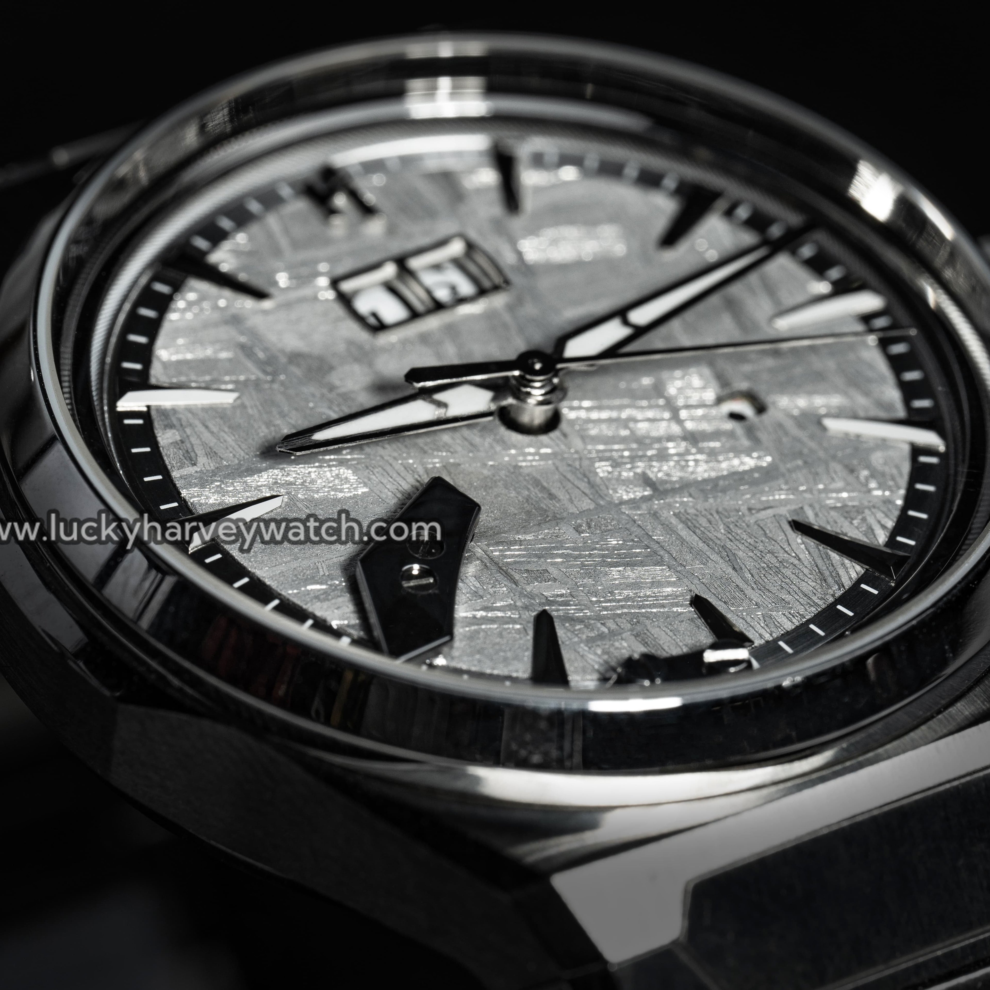 Lucky Harvey ZLS413-1 titanium watch angled dial detail with meteorite texture and big date