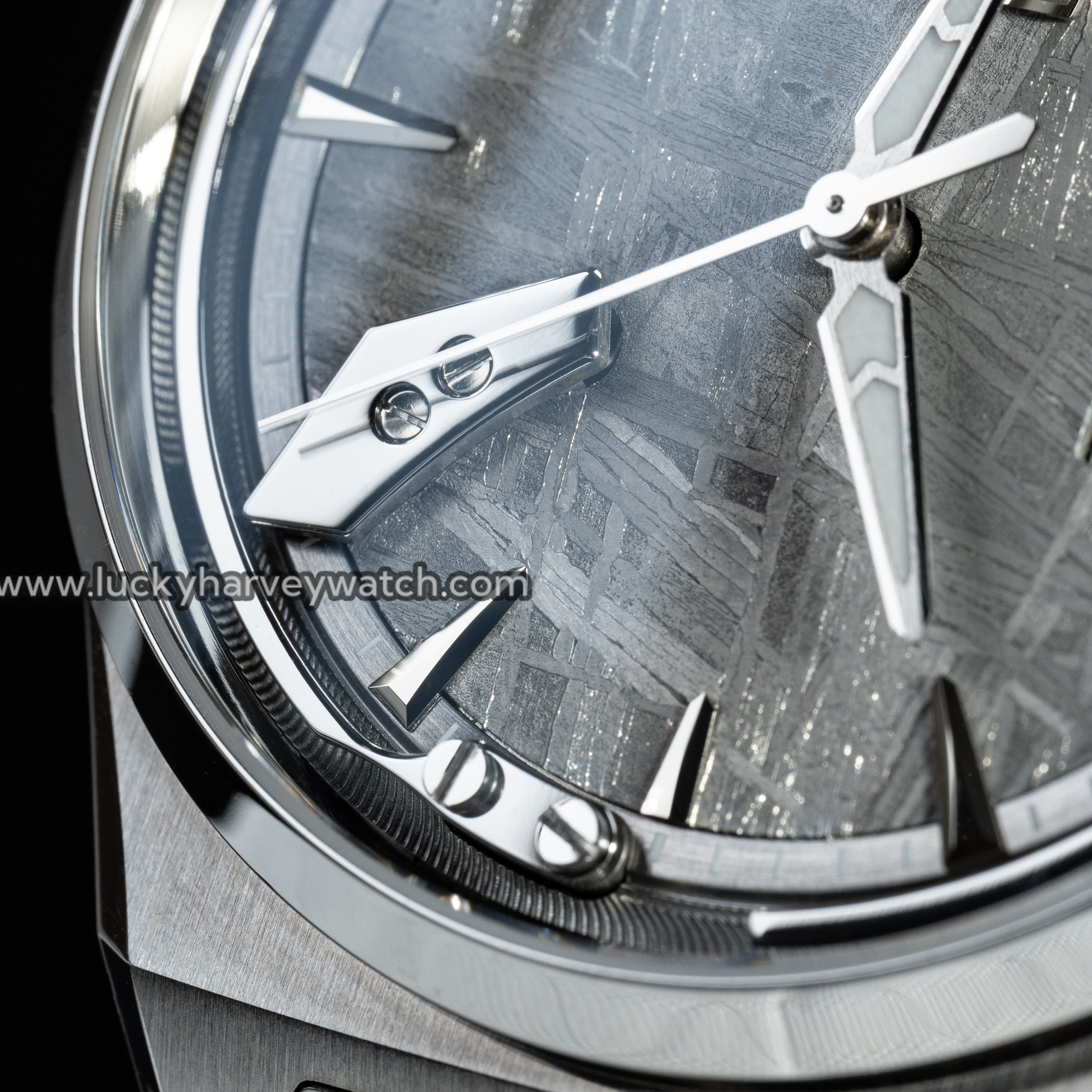 Lucky Harvey ZLS413-2 polished hands and applied indices extreme close-up over meteorite dial