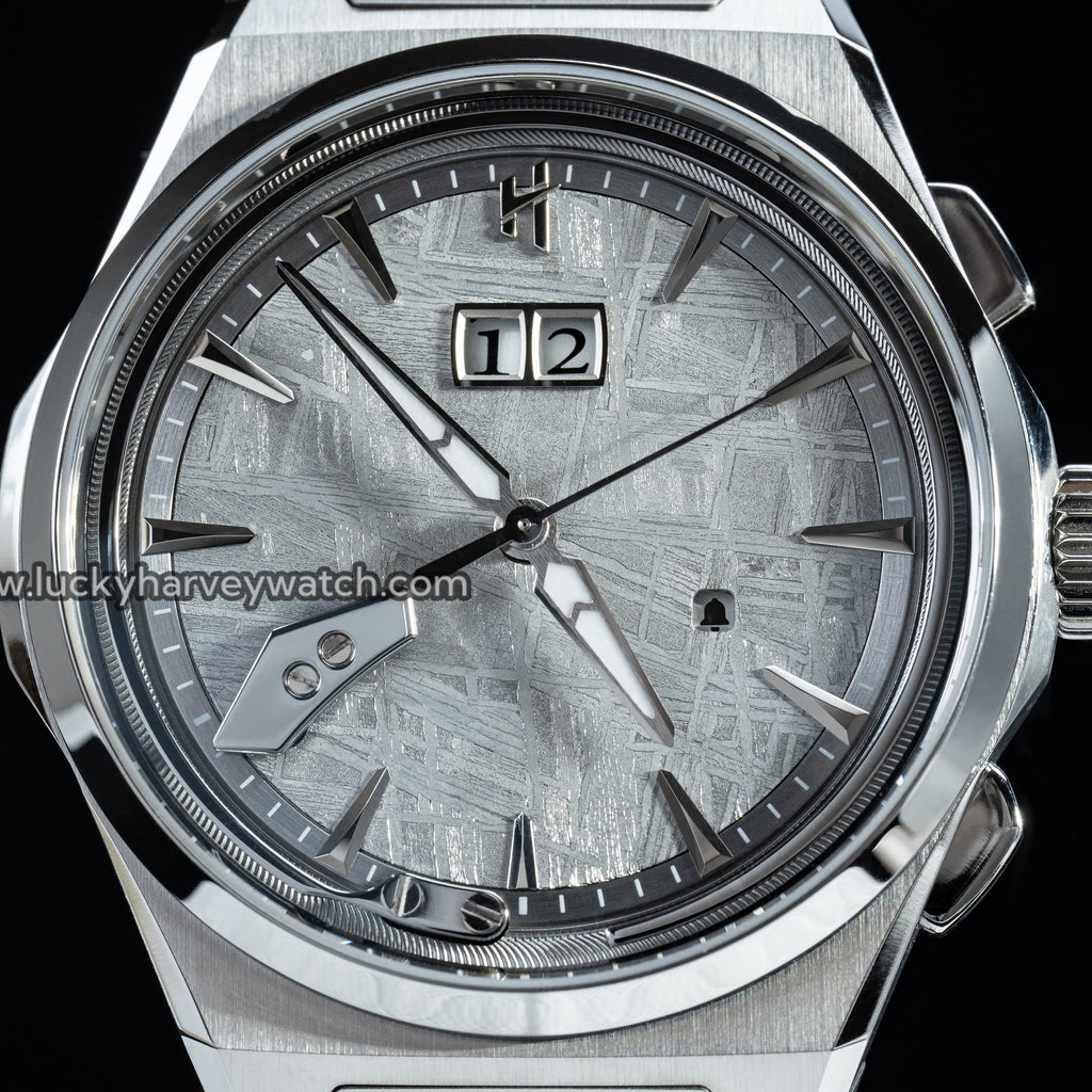 Lucky Harvey ZLS413-2 meteorite dial detail showing Widmanstatten pattern and big date window