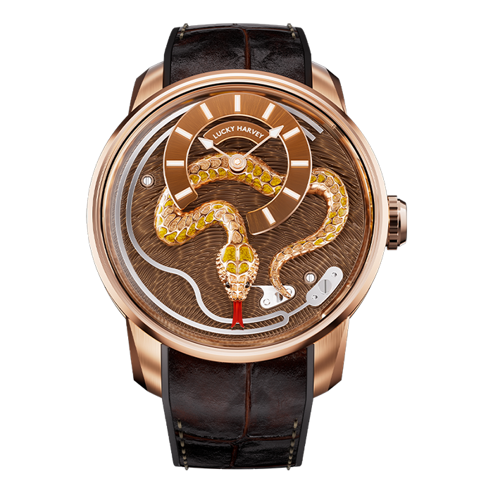 Lucky Harvey ZLS501-2 rose gold enamel snake automatic watch with brown dial, front view
