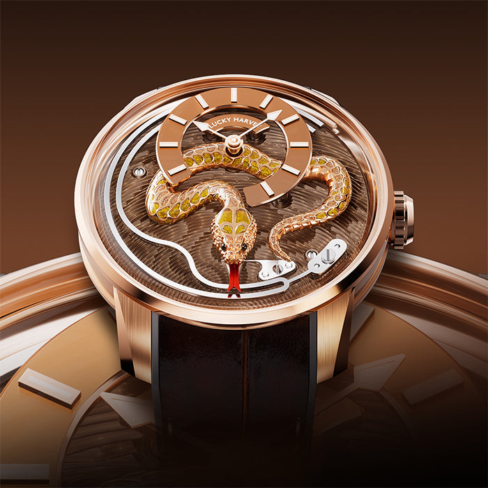 Lucky Harvey ZLS501-2 rose gold enamel snake watch dial close-up on brown lifestyle backdrop