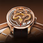 Lucky Harvey ZLS501-2 rose gold enamel snake watch dial close-up on brown lifestyle backdrop