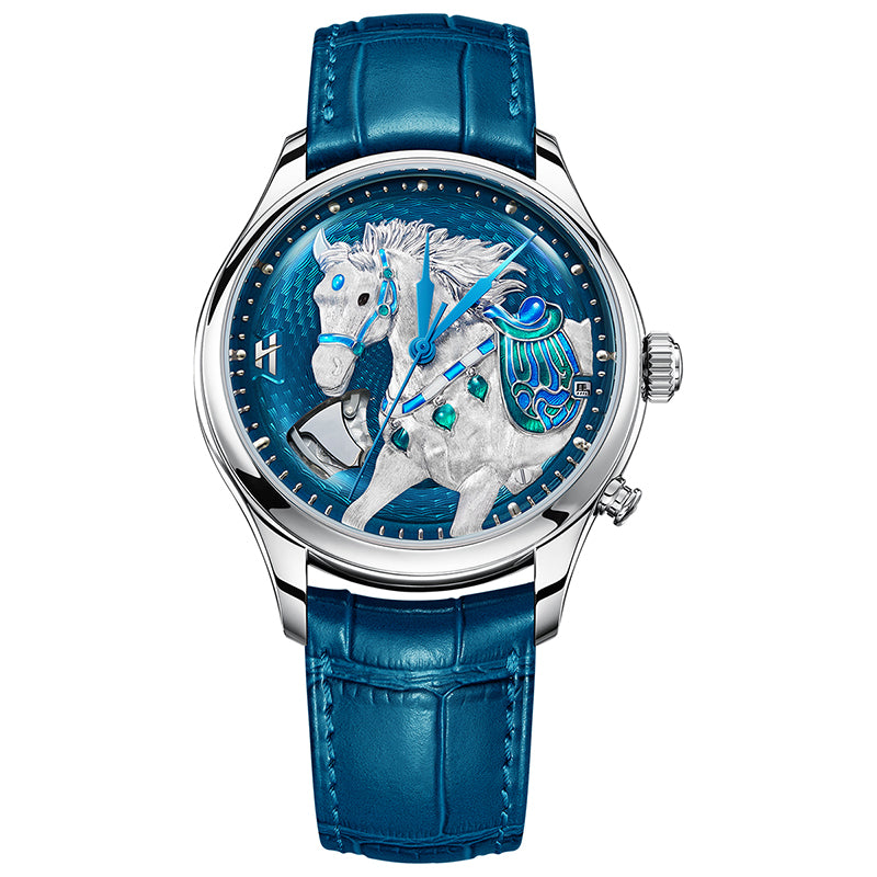 Lucky Harvey ZLS502-1 chiming automaton horse automatic watch with blue dial, front view