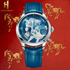 Lucky Harvey ZLS502-1 horse automatic watch with blue dial on red branded background with horse silhouettes