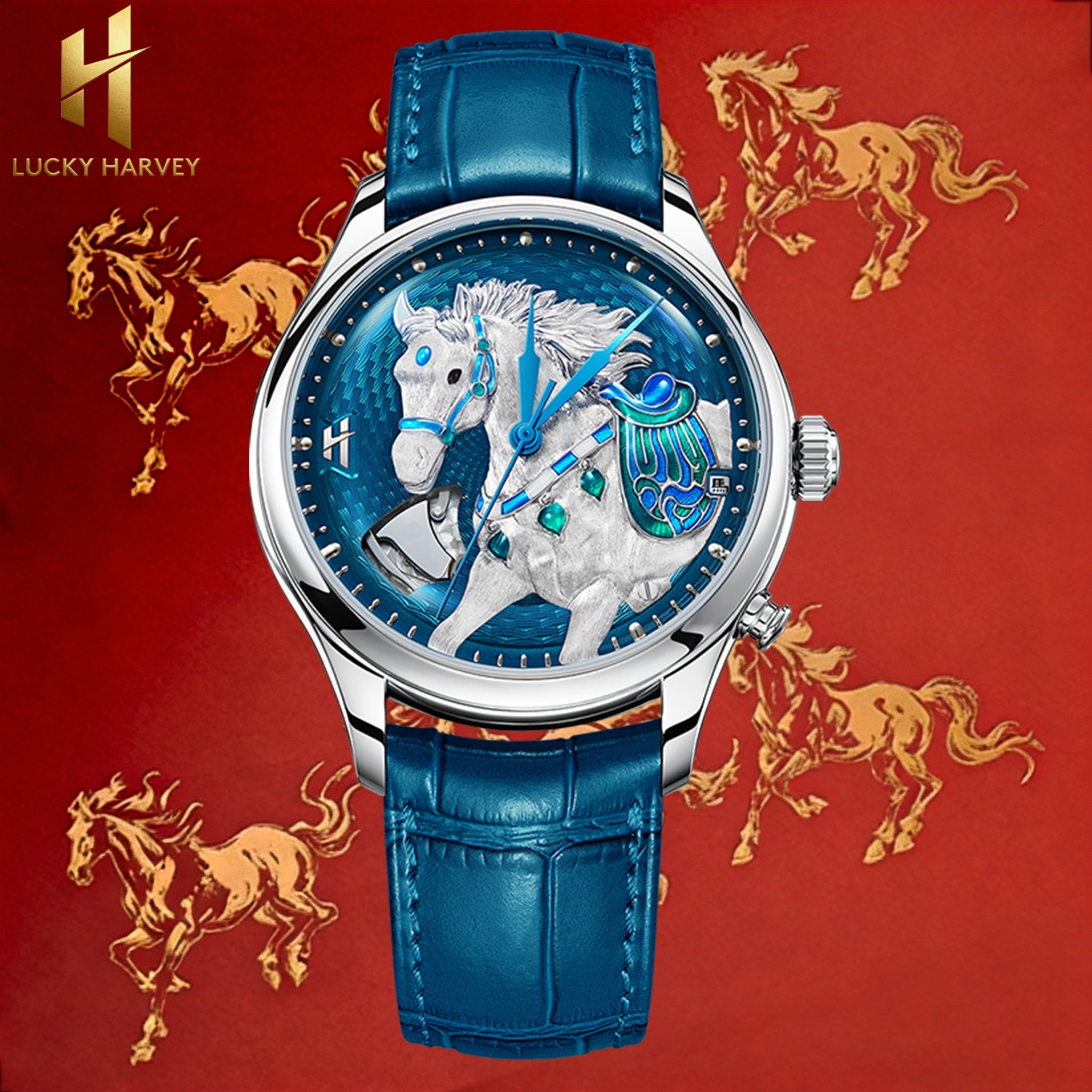 Lucky Harvey ZLS502-1 horse automatic watch with blue dial on red branded background with horse silhouettes