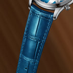 Lucky Harvey ZLS502-1 horse watch close-up of imported blue cowhide leather strap with croco texture