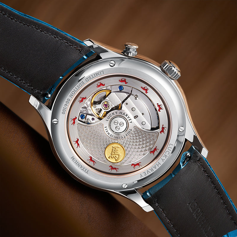 Lucky Harvey ZLS502-1 horse automatic watch caseback with exposed movement and limited edition engraving