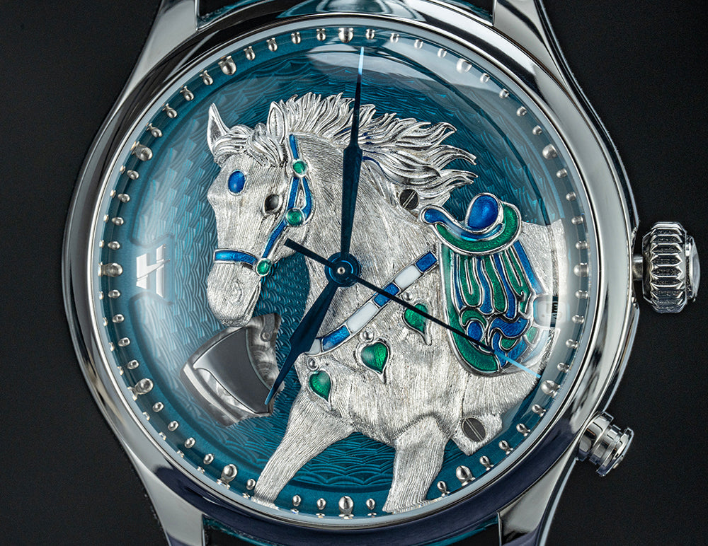 Lucky Harvey ZLS502-1 horse watch dial close-up showing hand-carved silver horse and enamel saddle