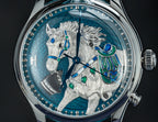 Lucky Harvey ZLS502-1 horse watch dial close-up showing hand-carved silver horse and enamel saddle