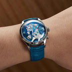 Lucky Harvey ZLS502-1 chiming automaton horse watch with blue dial worn on a wrist