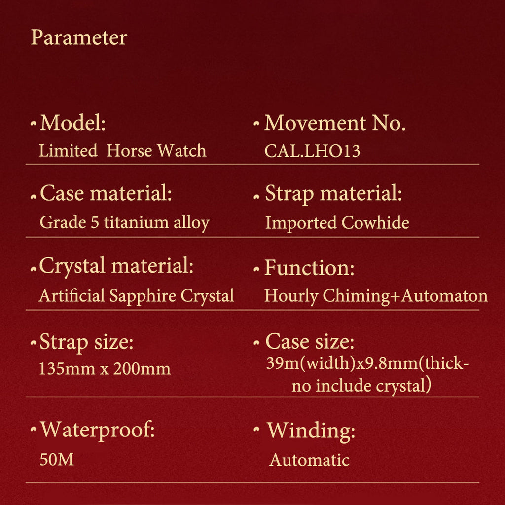 Lucky Harvey ZLS502-1 horse watch parameter spec sheet with case, movement and strap details