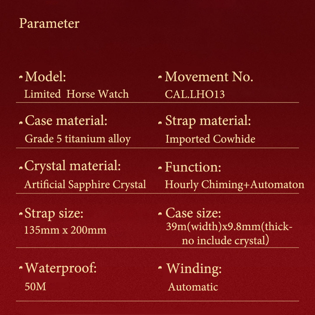 Lucky Harvey ZLS502-1 horse watch parameter spec sheet with case, movement and strap details