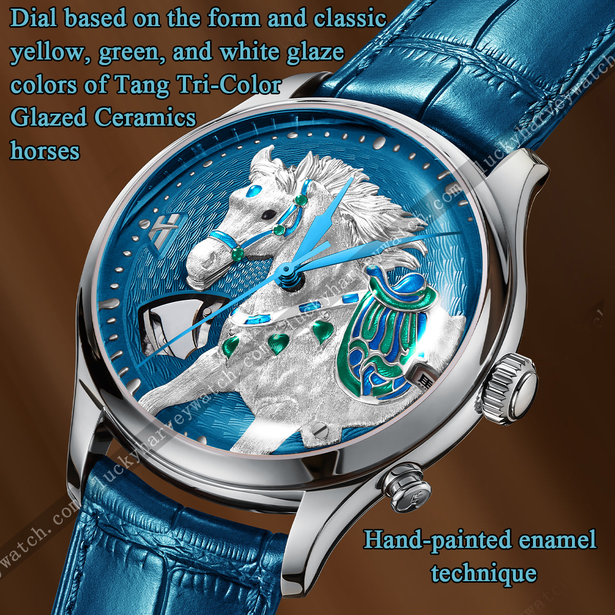 Lucky Harvey ZLS502-1 horse watch with hand-painted enamel dial inspired by Tang Tri-Color Glazed Ceramics