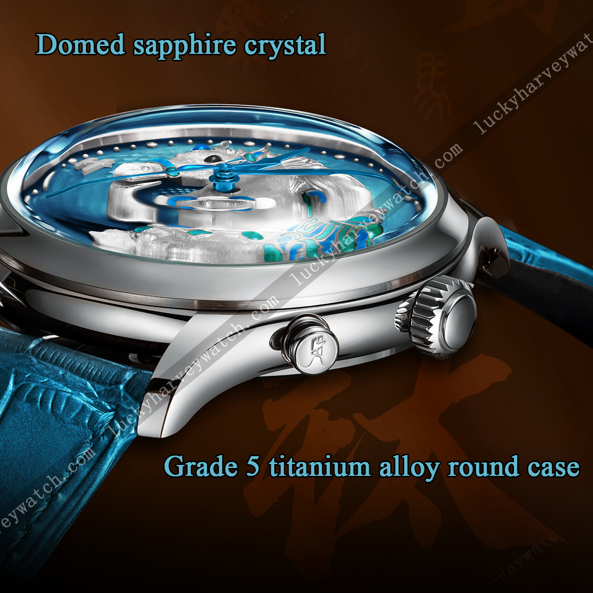Lucky Harvey ZLS502-1 horse watch side profile showing domed sapphire crystal and grade 5 titanium case