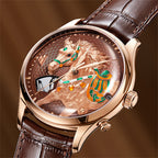 Lucky Harvey ZLS502-2 rose gold chiming horse automatic watch dial close-up in warm lifestyle scene